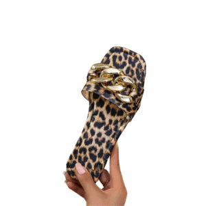 Women’s Strappy Leopard Print Flat Sandals – Slip-On PU Leather Summer Slides for Casual, Beach & Travel